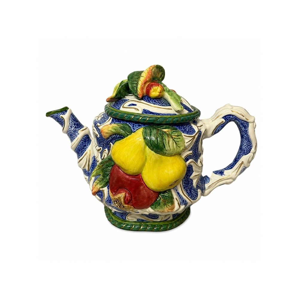 Vintage Fitz & Floyd Florentine Fruit Teapot Blue White Raised Fruit 1990s